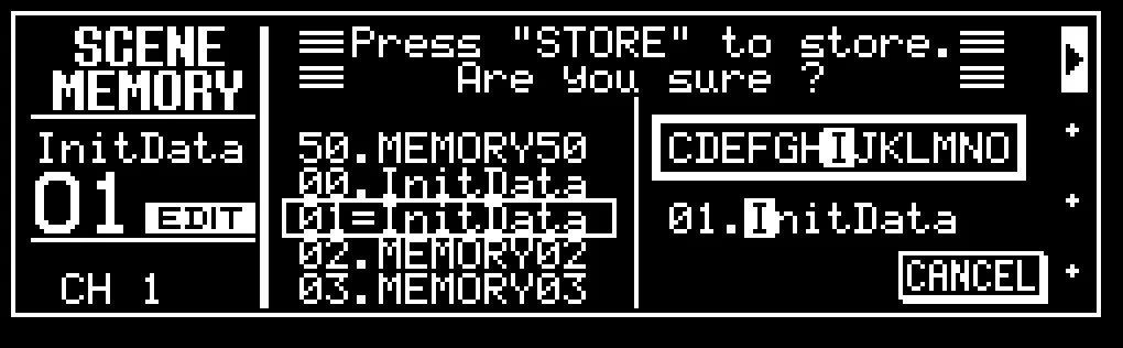 Écran LCD de la ProMix 01, SCENE MEMORY, mémorisation d'une scène