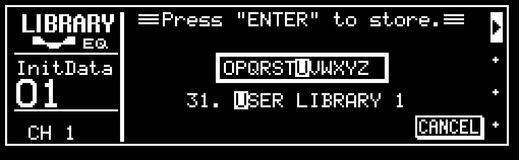 Écran LCD de la ProMix 01, LIBRARY EQ, saisie du titre d'une mémoire