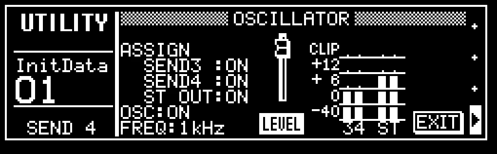 Écran LCD de la ProMix 01, UTILITY, oscillateur de test