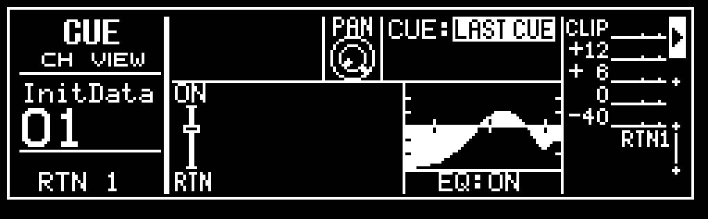 Écran LCD de la ProMix 01, CUE, vue d'un retour d'effet