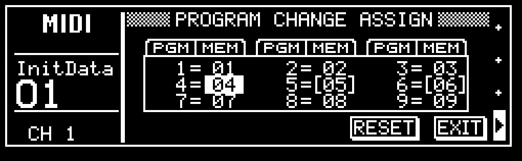 Écran LCD de la ProMix 01, PROGRAM CHANGE ASSIGN, table des program change