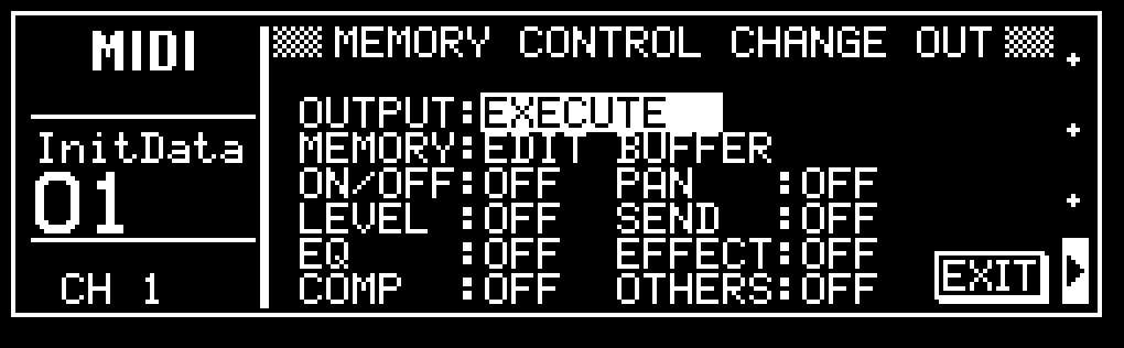 Écran LCD de la ProMix 01, MEMORY CONTROL CHANGE OUT, envoi des réglages en MIDI