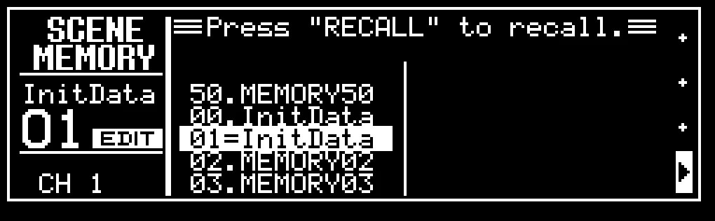 Écran LCD de la ProMix 01, SCENE MEMORY, rappel d'une scène