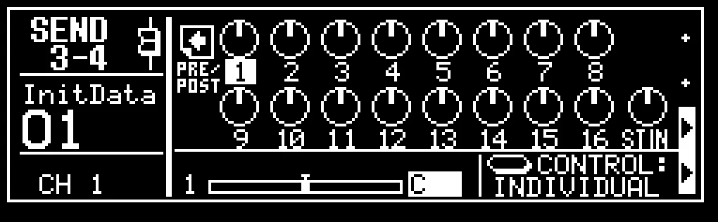 Écran LCD de la ProMix 01, SEND 3-4, panoramiques des envois