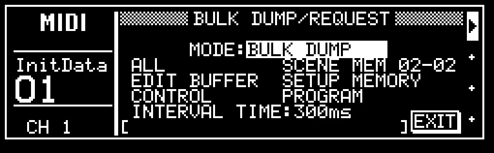 Écran LCD de la ProMix 01, BULK DUMP/REQUEST, transfert de données MIDI