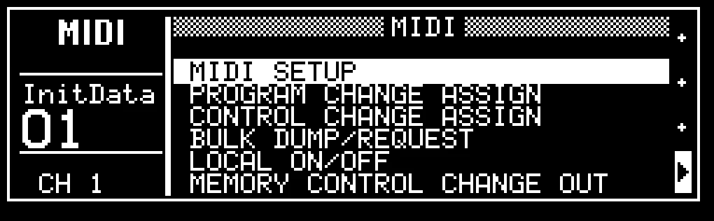 Écran LCD de la ProMix 01, MIDI, menu MIDI