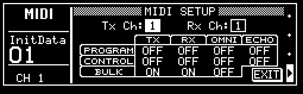 Écran LCD de la ProMix 01, MIDI SETUP, canaux et filtres MIDI