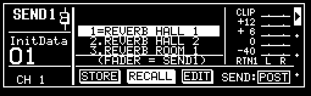 Écran LCD de la ProMix 01, SEND1, bibliothèque de l'effet interne