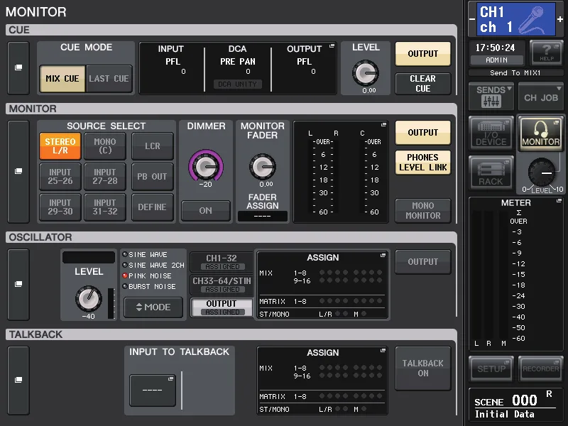 Fenêtre MONITOR de la QL5 : monitoring, cue, oscillateur et talkback