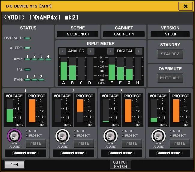 Écran I/O DEVICE de la QL5 : pilotage d'un amplificateur NXAMP