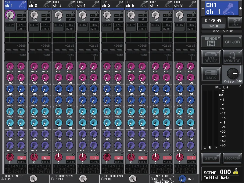 Écran OVERVIEW de la QL5 : 8 canaux avec gain, EQ, dynamiques, envois et niveaux