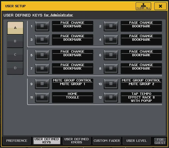 Fenêtre USER SETUP de la QL5 : touches USER DEFINED