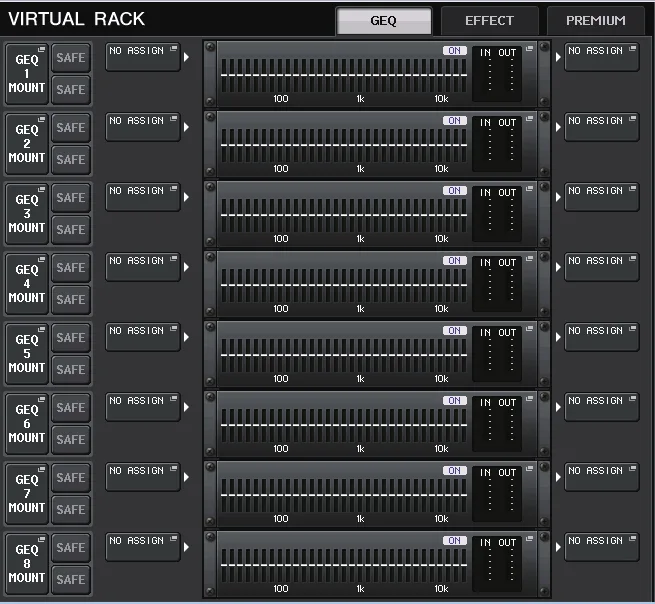 Fenêtre VIRTUAL RACK de la QL5, onglet GEQ