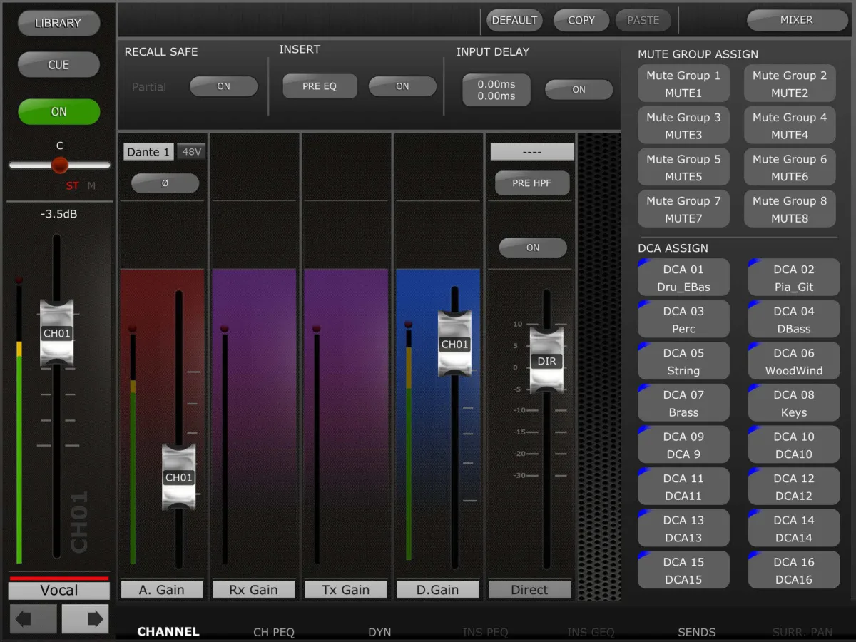 QL StageMix : réglages canal, DCA et mute