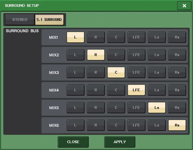 Fenêtre SURROUND SETUP de la QL5
