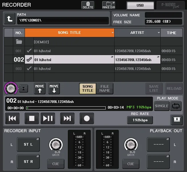Écran RECORDER de la QL5 : enregistreur USB
