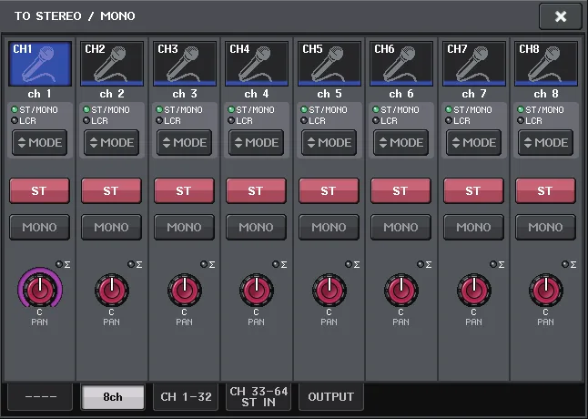 Fenêtre TO STEREO/MONO de la QL5 : assignation et pan vers le bus stéréo et mono