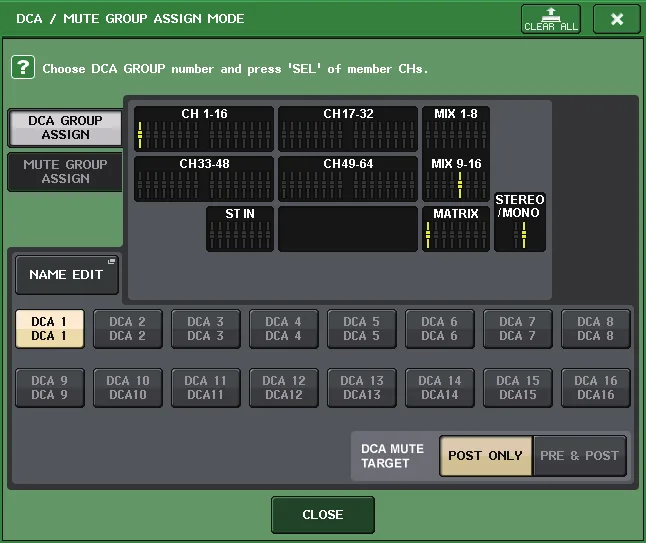 Fenêtre DCA/MUTE GROUP ASSIGN de la QL5
