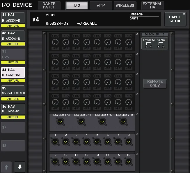 Écran I/O DEVICE de la QL5 : rack Rio sur le réseau Dante