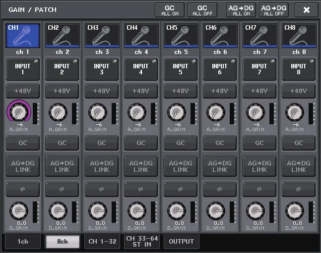 Écran GAIN/PATCH de la QL5 en vue 8 canaux : gain, +48V, phase et patch d'entrée