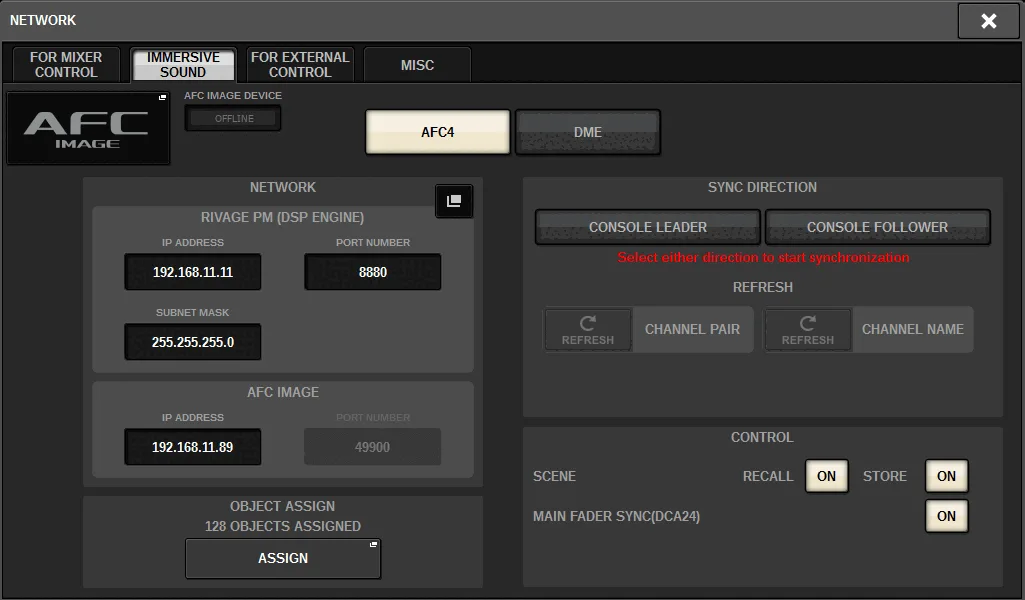 NETWORK window, IMMERSIVE SOUND tab: link with AFC Image (RIVAGE PM series manual, interface shared by PM10/PM7/PM5)