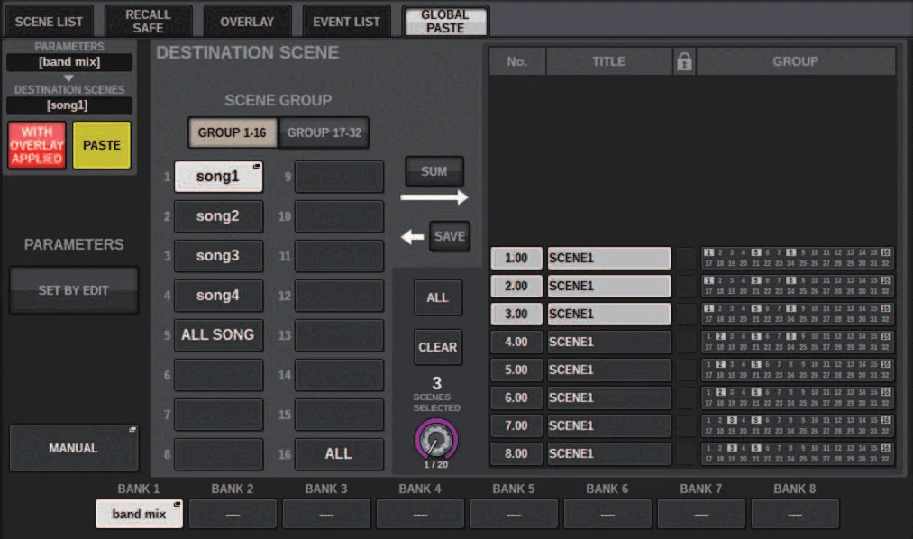 GLOBAL PASTE screen: parameter copy to several scenes (RIVAGE PM series manual, interface shared by PM10/PM7/PM5)