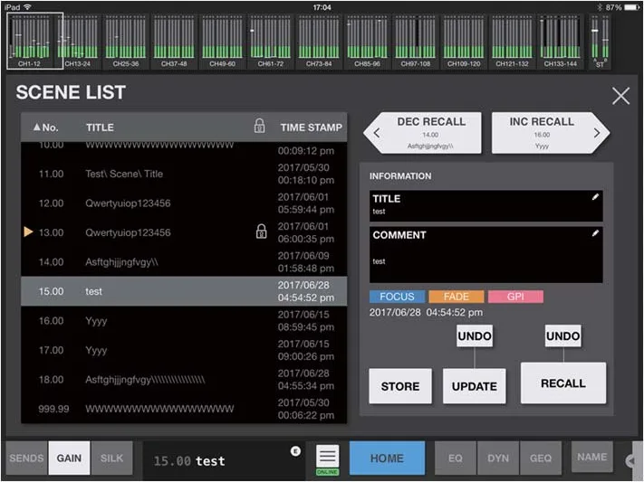 RIVAGE PM StageMix iPad app: SCENE LIST screen