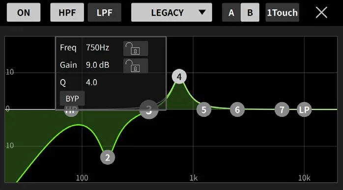 MonitorMix app (shared across Yamaha consoles): EQ screen, captured on another Yamaha console