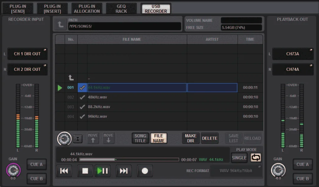 USB RECORDER screen: recording and playback on a USB stick (RIVAGE PM series manual, interface shared by PM10/PM7/PM5)