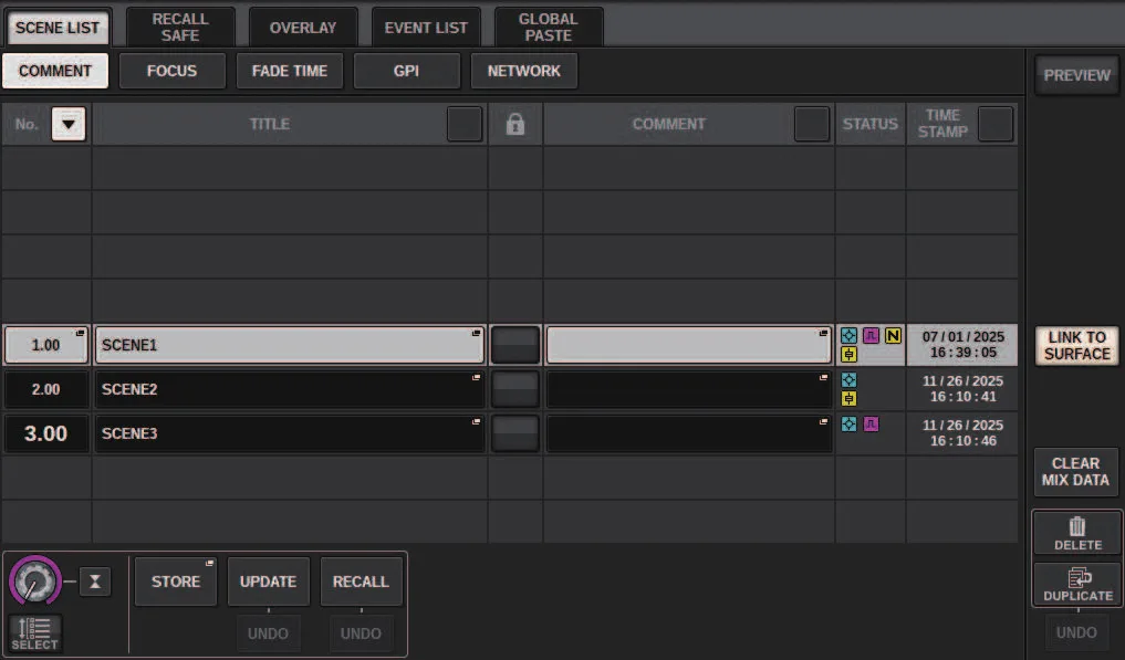 SCENE LIST screen: scene list, store, update and recall (RIVAGE PM series manual, interface shared by PM10/PM7/PM5)