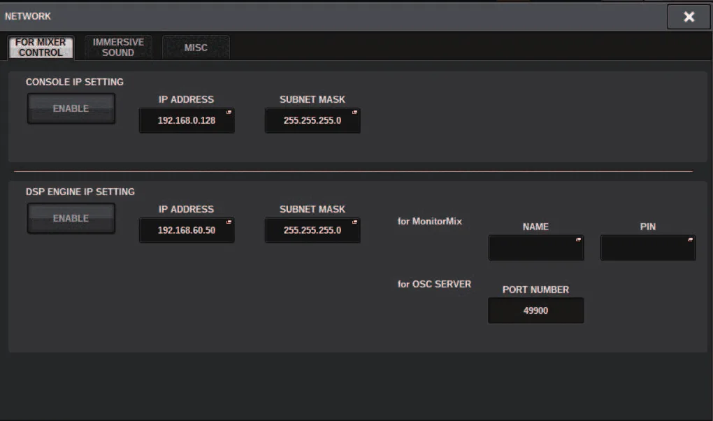 NETWORK window, FOR MIXER CONTROL tab: IP addresses for the editor and MonitorMix (RIVAGE PM series manual, interface shared by PM10/PM7/PM5)