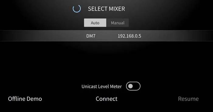 MonitorMix app: SELECT MIXER screen with Offline Demo, captured on a DM7