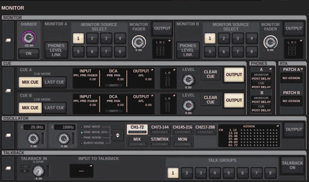 MONITOR screen: monitoring, cue A/B, oscillator and talkback (RIVAGE PM series manual, interface shared by PM10/PM7/PM5)
