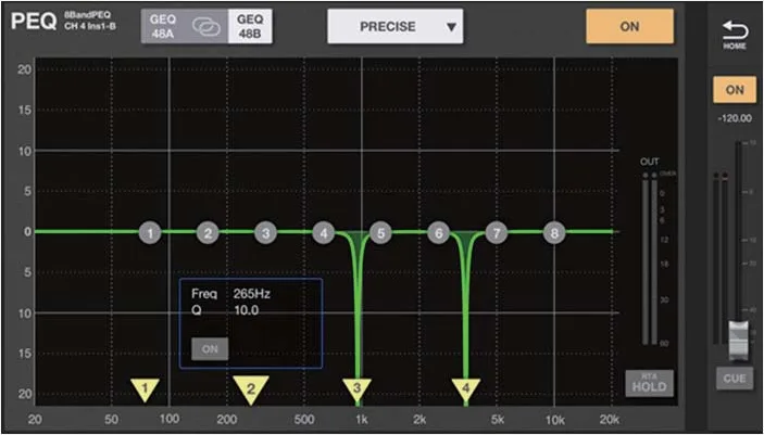 RIVAGE PM StageMix iPad app: PEQ screen of a rack equaliser