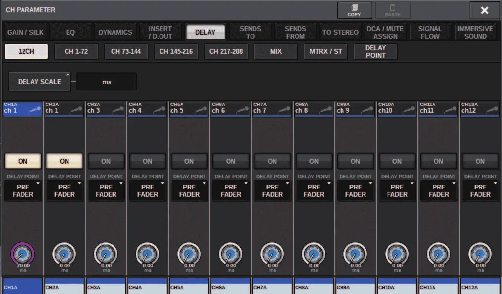 CH PARAMETER window, DELAY tab across 12 channels (RIVAGE PM series manual, interface shared by PM10/PM7/PM5)