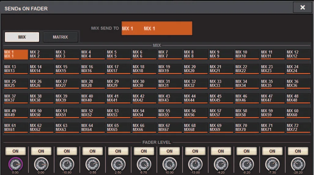 SENDS ON FADER window: choice of the Mix or Matrix bus driven by the faders (RIVAGE PM series manual, interface shared by PM10/PM7/PM5)