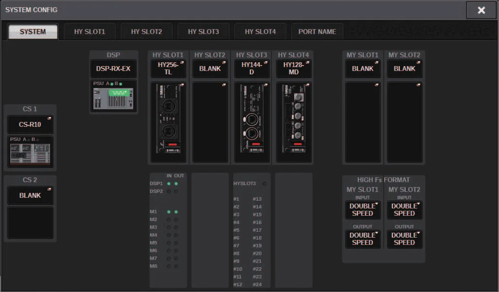 SYSTEM CONFIG window: system components and HY/MY cards (RIVAGE PM series manual, interface shared by PM10/PM7/PM5)