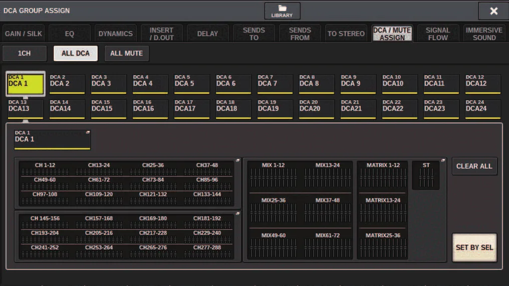 DCA GROUP ASSIGN window: channel assignment to the 24 DCAs (RIVAGE PM series manual, interface shared by PM10/PM7/PM5)