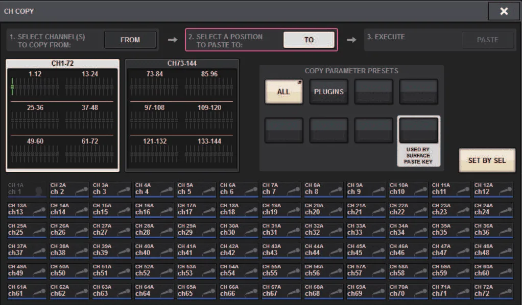 CH COPY window: parameter copy between channels (RIVAGE PM series manual, interface shared by PM10/PM7/PM5)