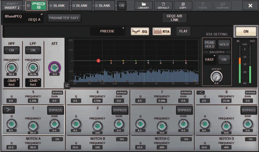 Editing window of an 8-band parametric EQ from the rack (PEQ) (RIVAGE PM series manual, interface shared by PM10/PM7/PM5)