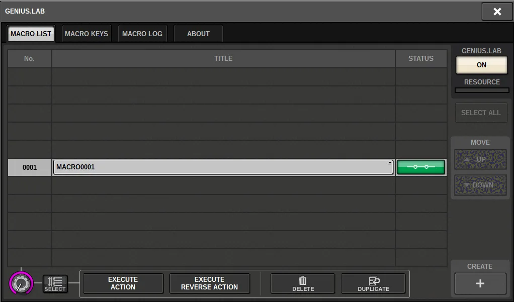 GENIUS.LAB window: macro list (RIVAGE PM series manual, interface shared by PM10/PM7/PM5)