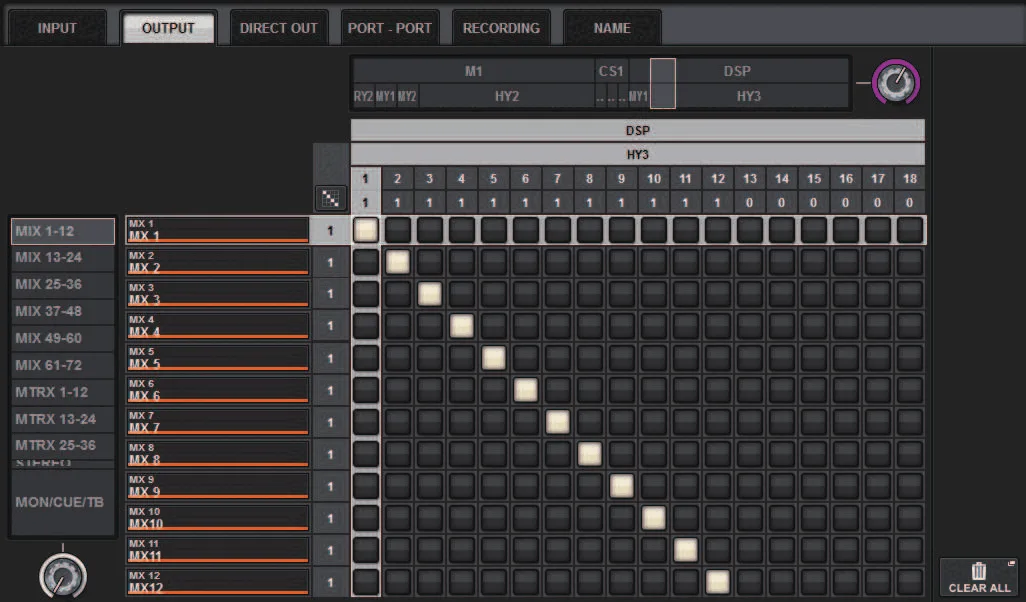 PATCH screen, OUTPUT tab: output patch grid (RIVAGE PM series manual, interface shared by PM10/PM7/PM5)