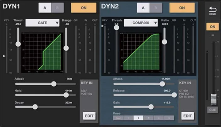 RIVAGE PM StageMix iPad app: DYN screen (gate and compressor)