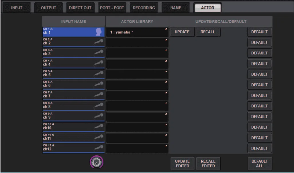 PATCH screen, ACTOR tab: Theatre mode actor library (RIVAGE PM series manual, interface shared by PM10/PM7/PM5)