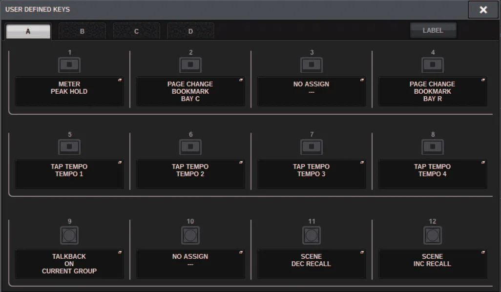 USER DEFINED KEYS window (RIVAGE PM series manual, interface shared by PM10/PM7/PM5)