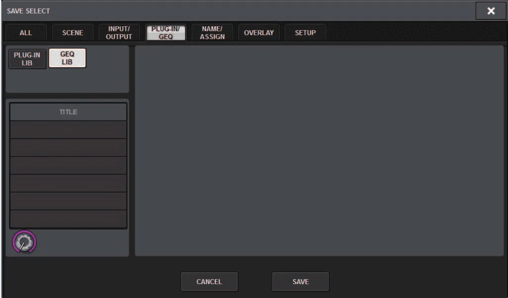 SAVE SELECT window: choice of data to save (RIVAGE PM series manual, interface shared by PM10/PM7/PM5)