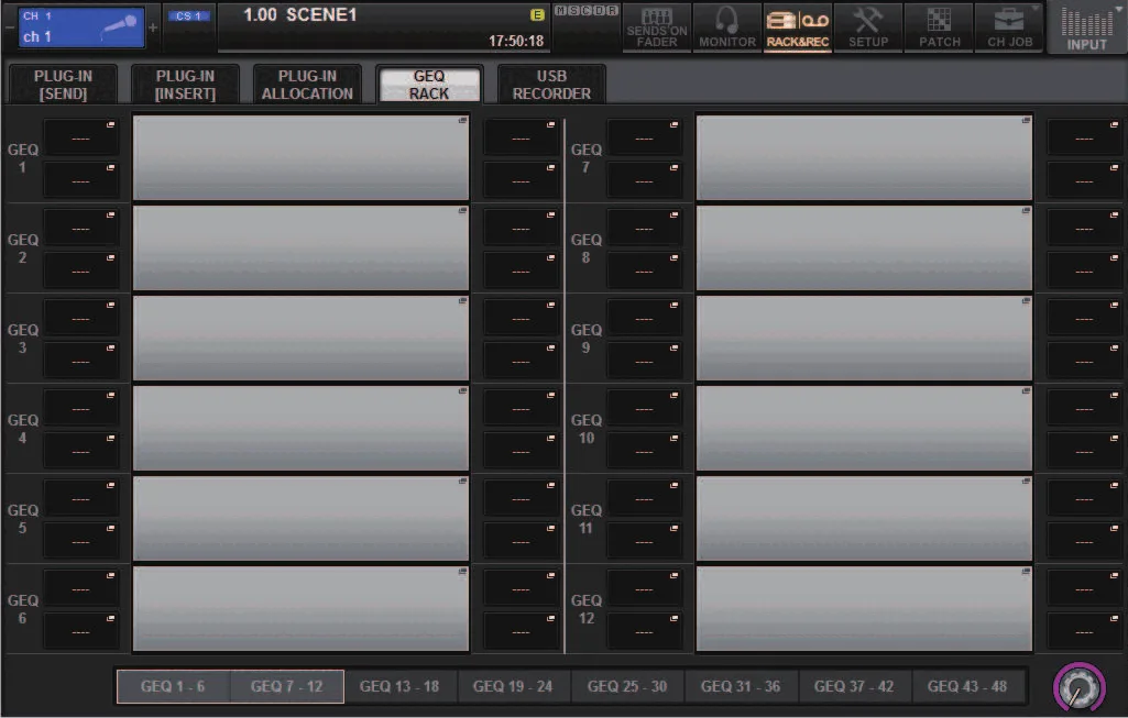 RACK screen, GEQ RACK tab (RIVAGE PM series manual, interface shared by PM10/PM7/PM5)