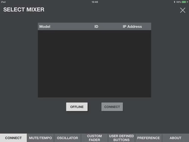 RIVAGE PM StageMix iPad app: SELECT MIXER screen with the OFFLINE button (offline mode)