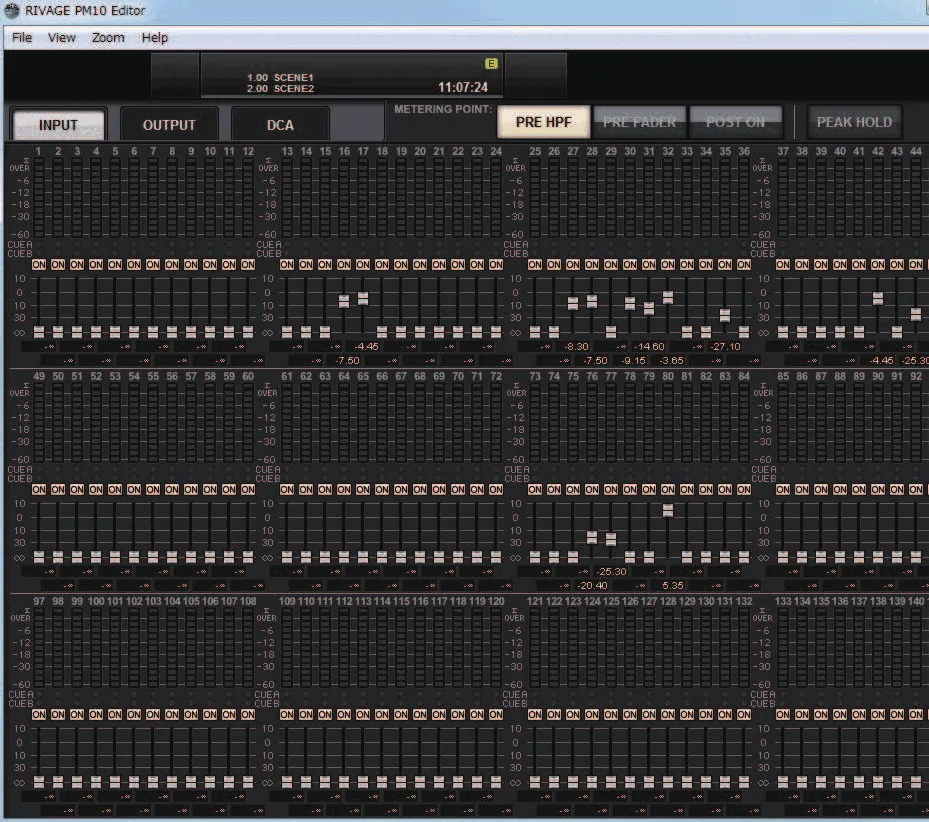 RIVAGE PM Editor software: main window showing the meters (captured on a RIVAGE PM10)