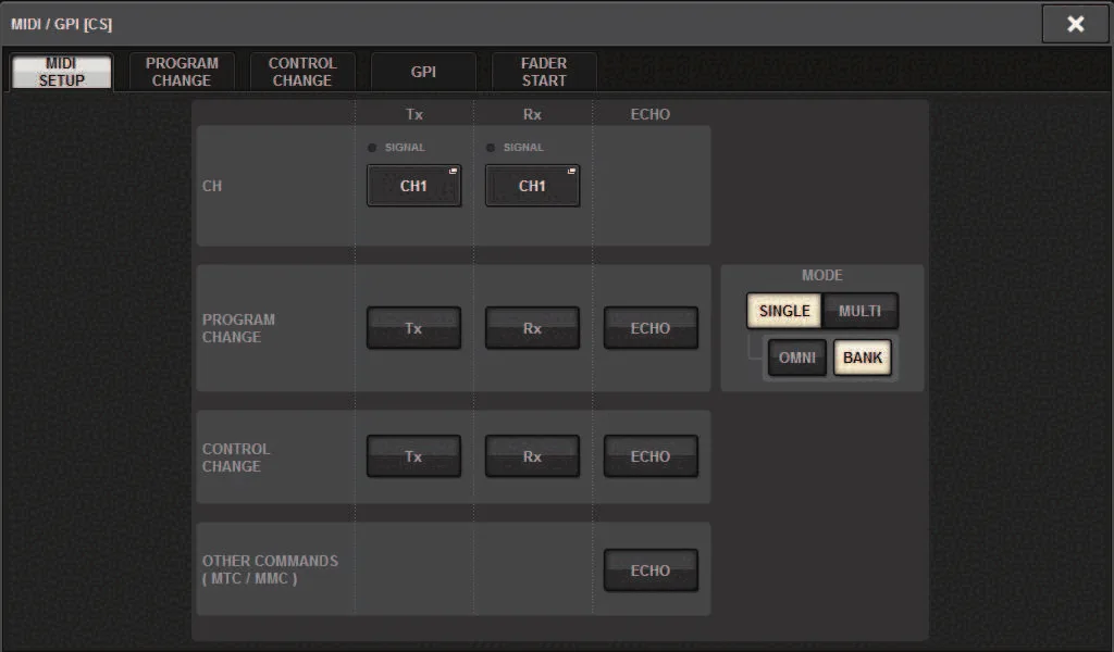 MIDI/GPI window: MIDI, program change and control change settings (RIVAGE PM series manual, interface shared by PM10/PM7/PM5)